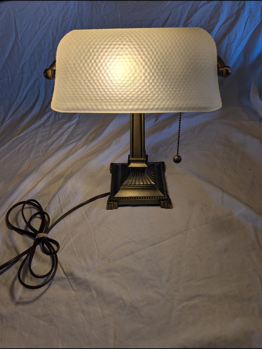 Vintage White Glass Banker-Style Table Lamp with Brass Base